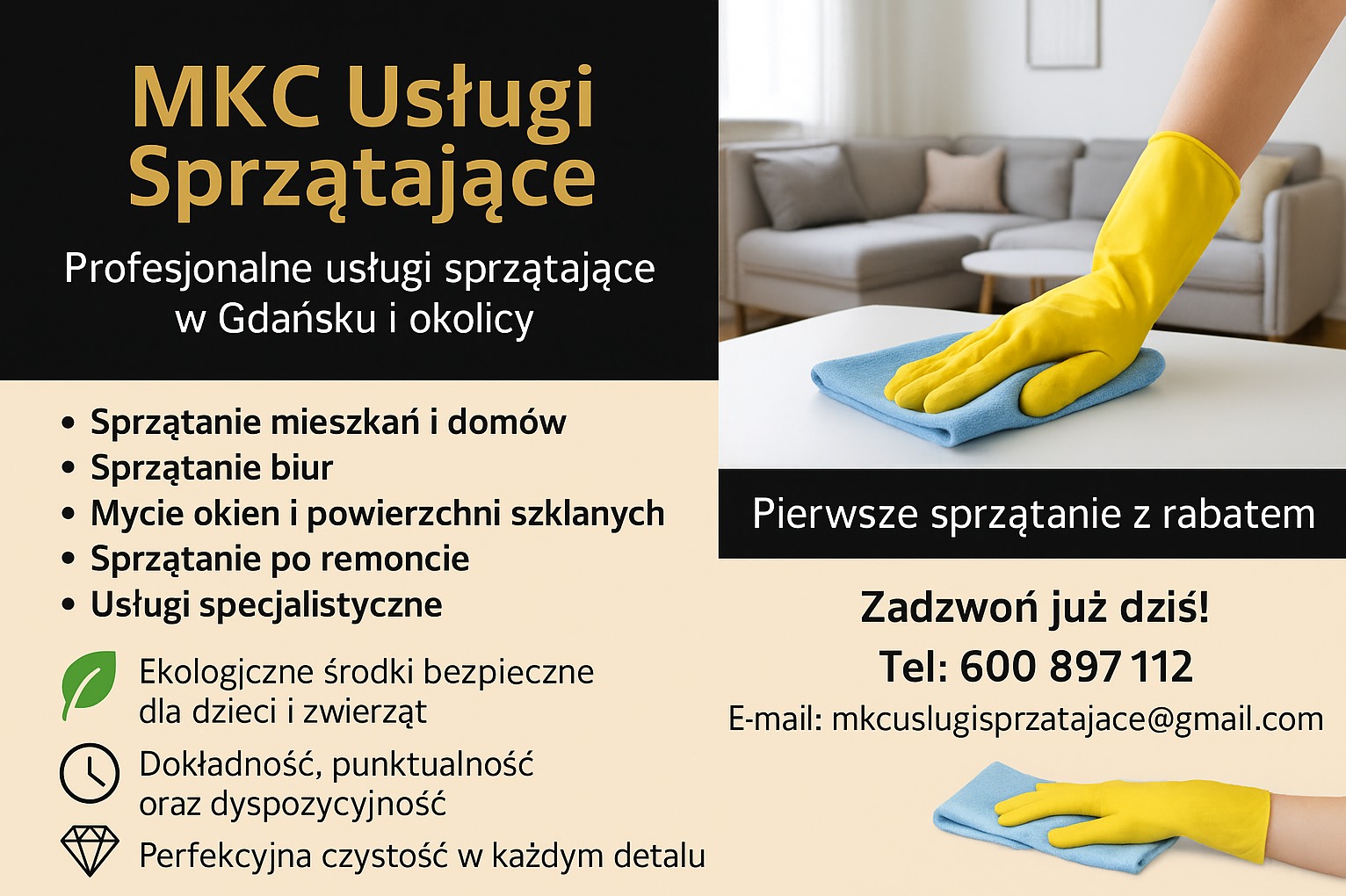 Reklama usług sprzątających MKC z ofertą rabatu na pierwsze sprzątanie. Dłoń w żółtej rękawicy czyści biały stół niebieską ściereczką. Kontakt telefoniczny i mail.