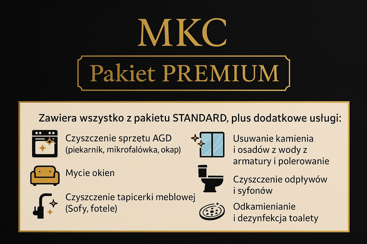 Grafika MKC Pakiet PREMIUM: czyszczenie AGD, mycie okien, tapicerki, usuwanie kamienia, czyszczenie odpływów, odkamienianie toalety. Kompleksowe usługi sprzątania.