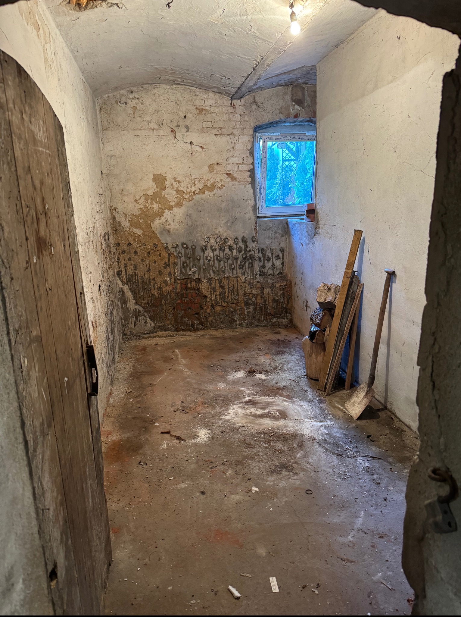 Piwnica przed sprzątaniem: widoczne ślady wilgoci na ścianach, resztki gruzu na podłodze, drewniane deski i łopata przy ścianie. Małe okno z widokiem na zieleń.