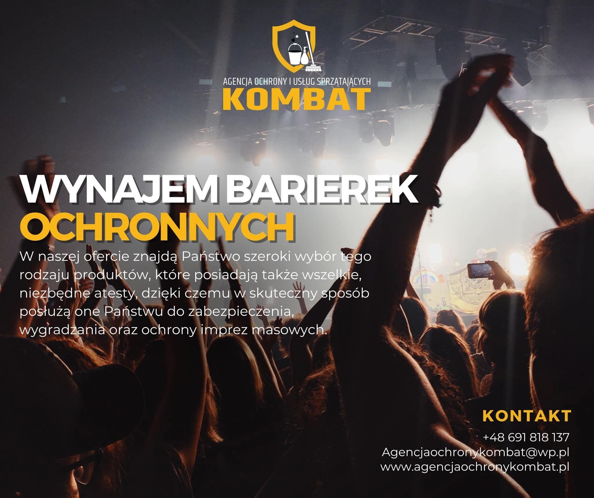 Grafika reklamowa agencji ochrony i usług sprzątających 'Kombat' oferującej wynajem barierek ochronnych na imprezy masowe. W tle tłum ludzi.