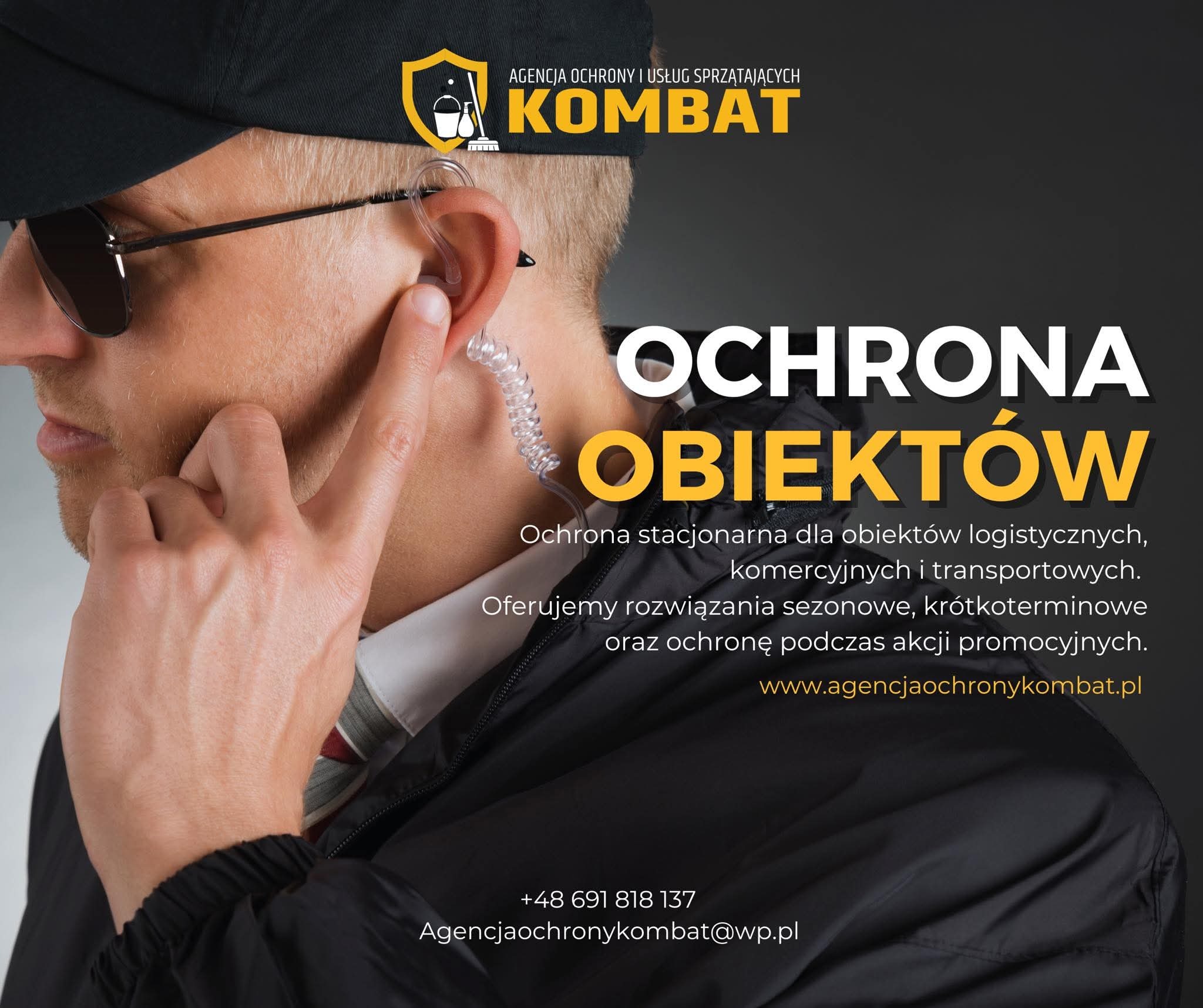 Ochrona obiektów w Poznaniu: ochroniarz z zestawem słuchawkowym, logo firmy sprzątającej i ochroniarskiej, oferta ochrony stacjonarnej i akcji promocyjnych.