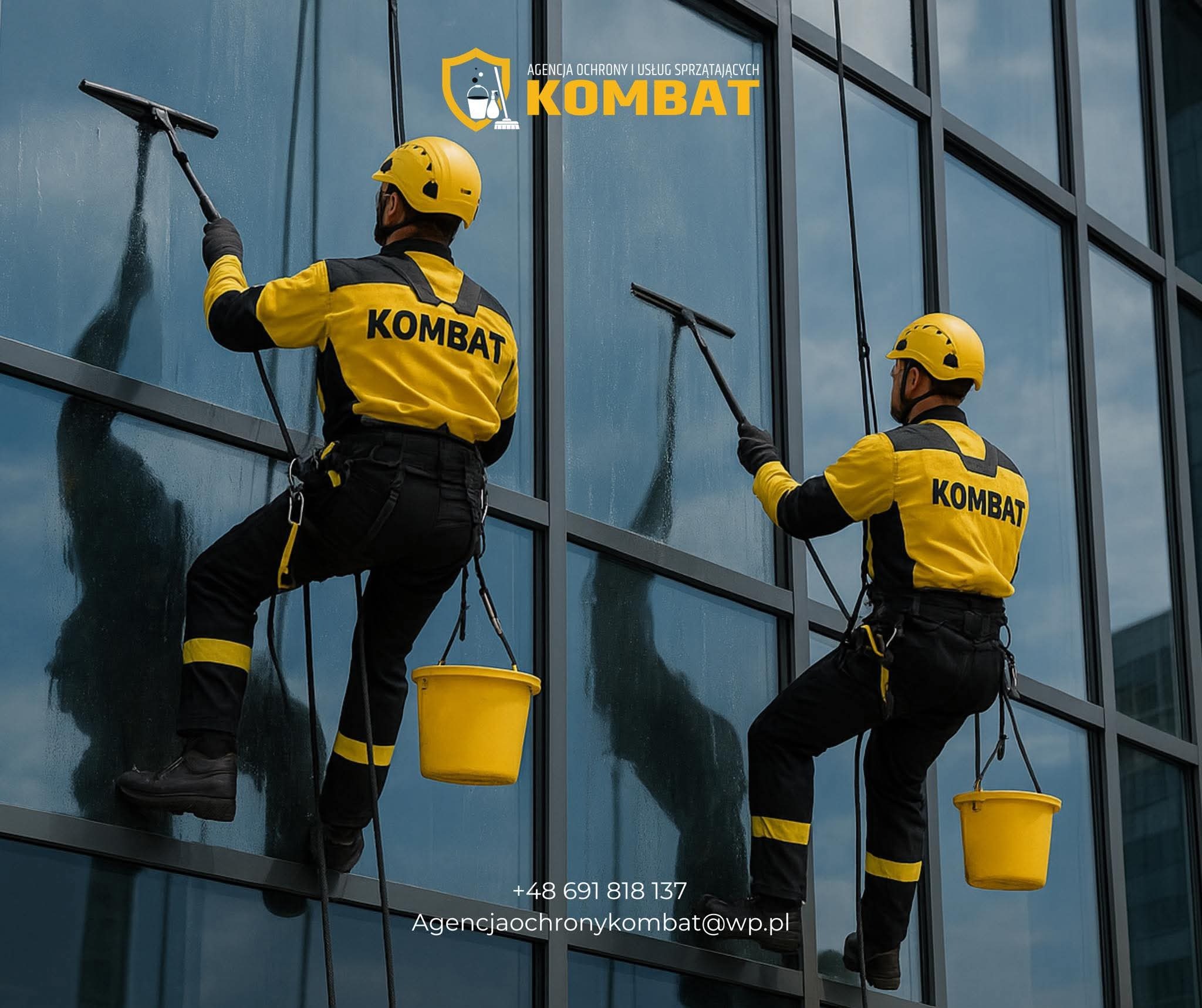 Dwóch alpinistów w żółto-czarnych strojach myje okna wieżowca za pomocą ściągaczek i wiader. Widoczne logo firmy na ubraniach i budynku.