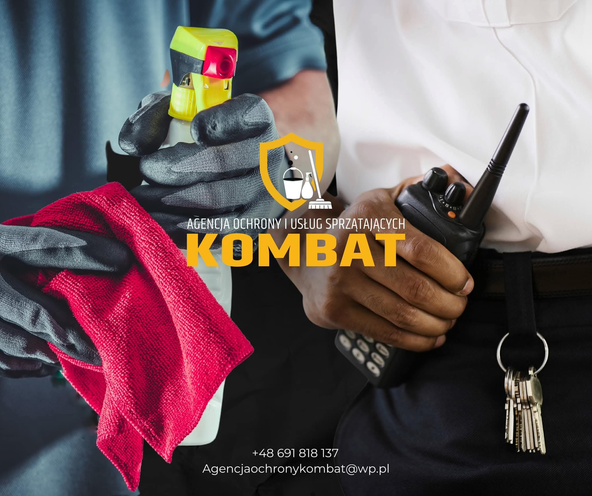 Sprzątanie i ochrona: ręka w rękawicy z płynem i ściereczką obok ochroniarza z radiotelefonem i kluczami. Logo firmy w tle.