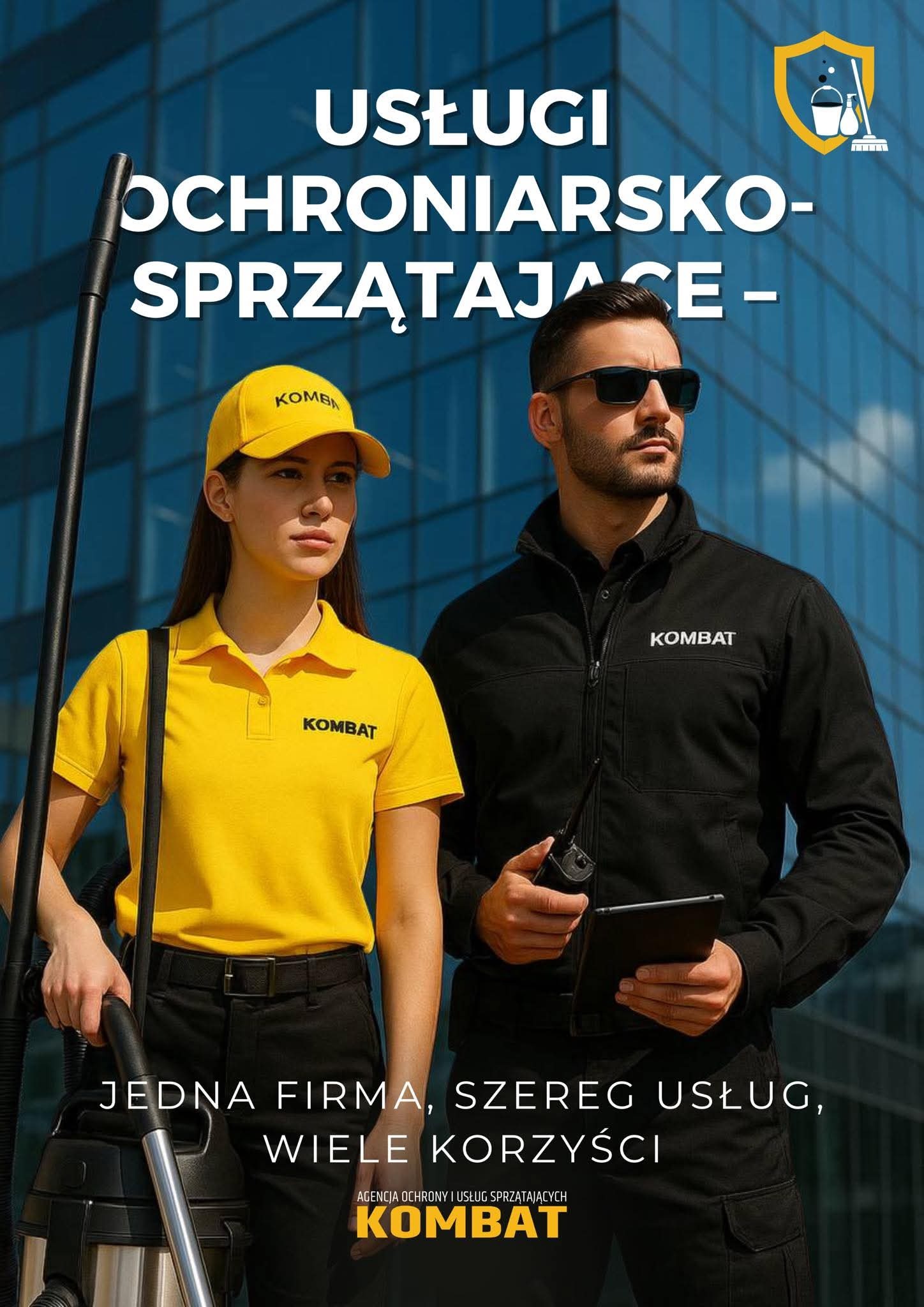 Zespół w firmowych strojach (żółto-czarnych) z odkurzaczem i tabletem na tle biurowca. Oferta usług ochroniarsko-sprzątających.
