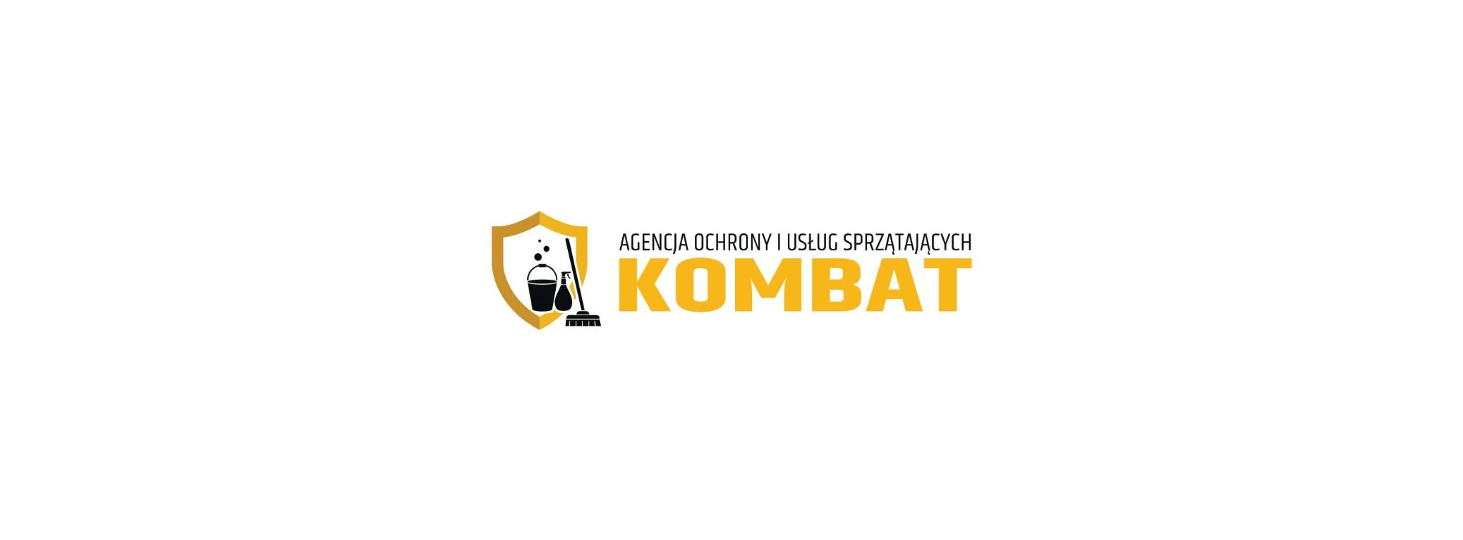 Logo firmy sprzątającej: złota tarcza z wiaderkiem, butelką i mopem, obok napis 'Agencja Ochrony i Usług Sprzątających KOMBAT' w kolorze złotym.