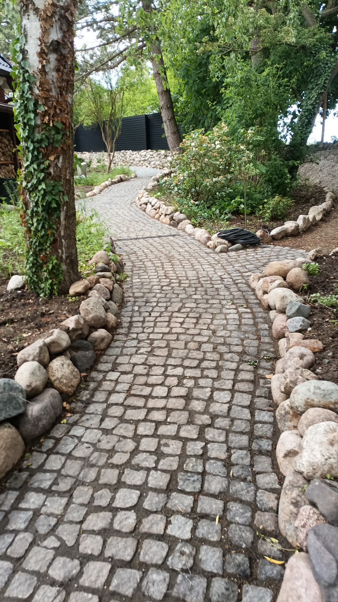 Kręta ścieżka z kostki granitowej, obramowana kamieniami, prowadząca przez ogród z drzewami i roślinnością. W tle widoczny czarny płot.