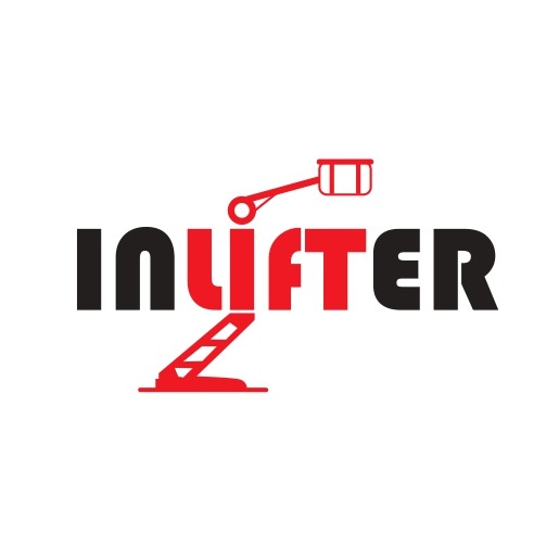 Logo firmy Inlifter z graficznym symbolem podnośnika koszowego w kolorze czerwonym, wpisanym w nazwę firmy na białym tle.