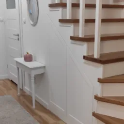 Drewniane schody z białymi balustradami i zabudową pod schodami. Dekoracyjny stolik z lustrem i ceramiczną dynią. Jasne wnętrze, drewniana podłoga i białe ściany.