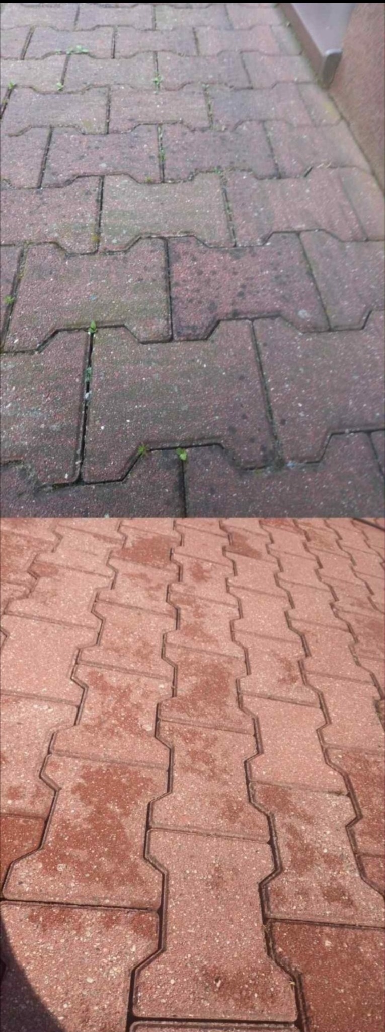 Efekt mycia kostki ciepłą wodą. Przed i po.