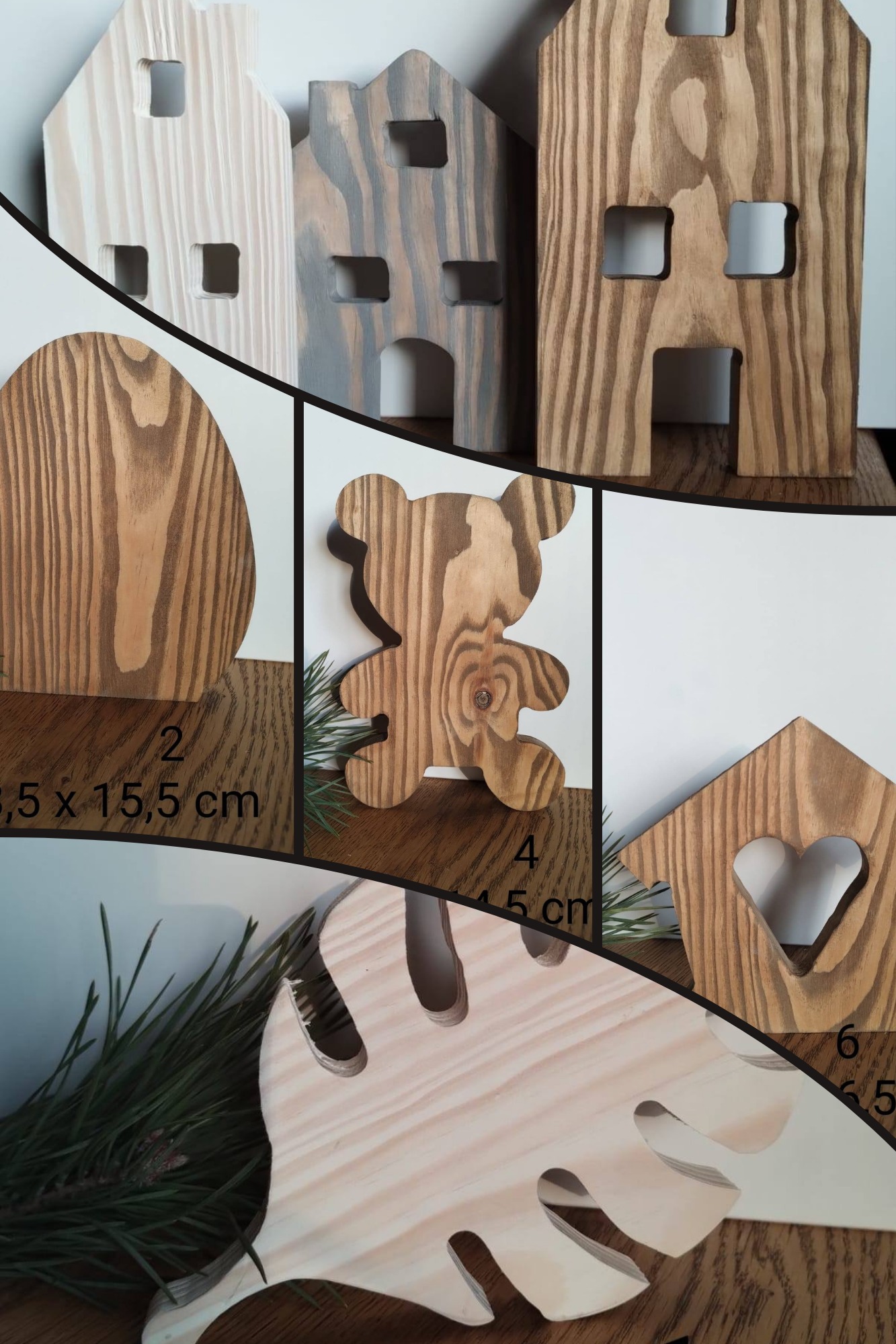 Ręcznie robione, drewniane dekoracje: domki w różnych odcieniach, owal, miś, domek z sercem i liść monstery. Widoczne słoje drewna i detale wykończenia.