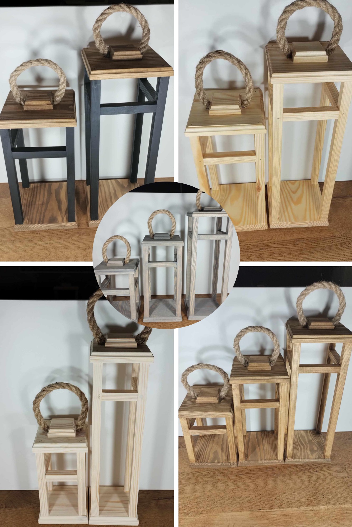 Zestaw czterech drewnianych lampionów o różnej kolorystyce i wysokości, każdy z uchwytem z grubego sznura. Widoczne różne wykończenia drewna.