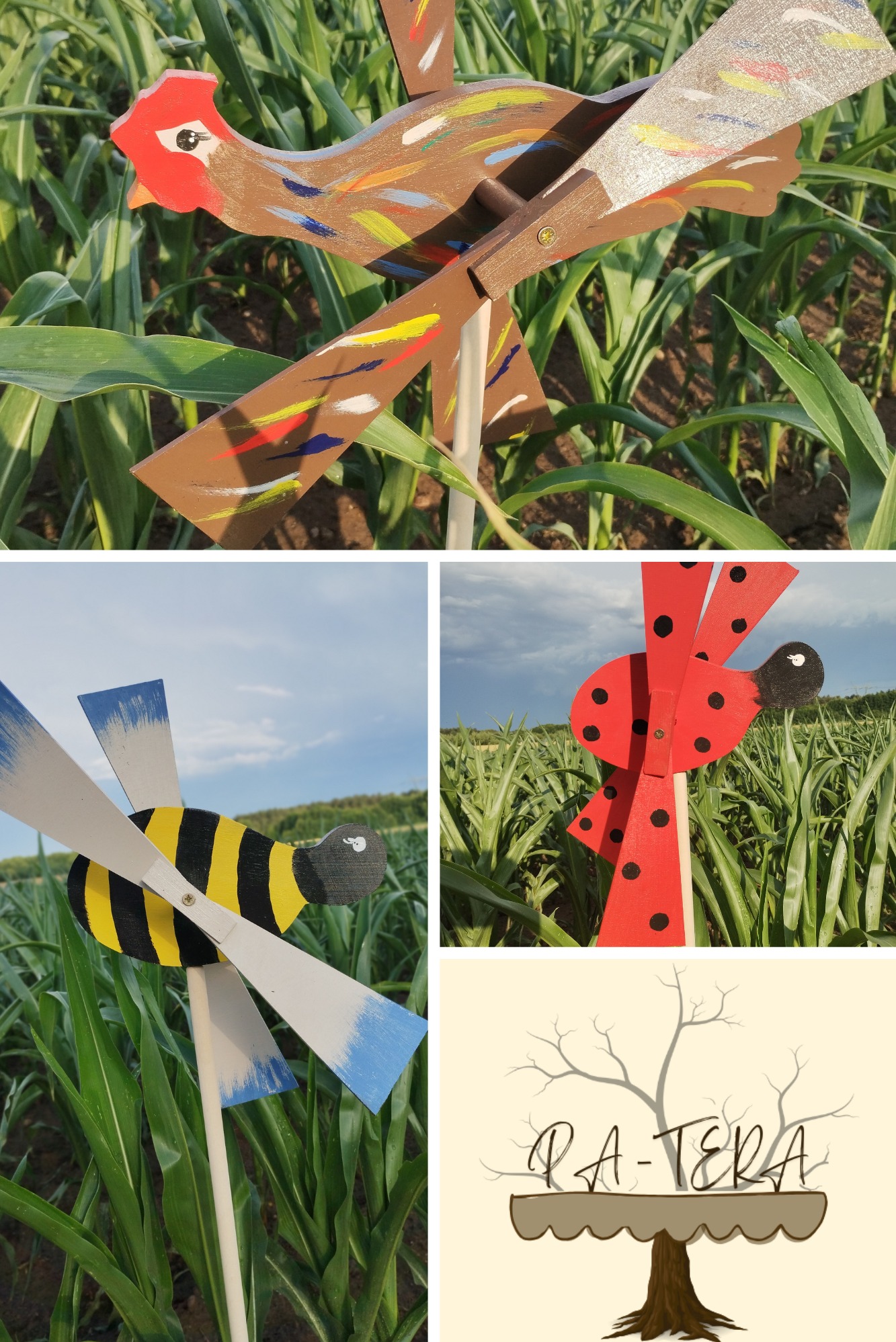 Ręcznie robione, drewniane wiatraczki w kształcie ptaka, pszczoły i biedronki, umieszczone w polu kukurydzy, z logo firmy na dole. Dekoracje ogrodowe.