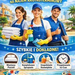 Strefa Błysku Karolina Jaworska - Plakat reklamowy: Sprzątanie apartamentów na wynajem krótkoterminowy. Trzy osoby w strojach sprzątających, hasło 'Szybkie i dokładne!', ikony usług i numer telefonu.