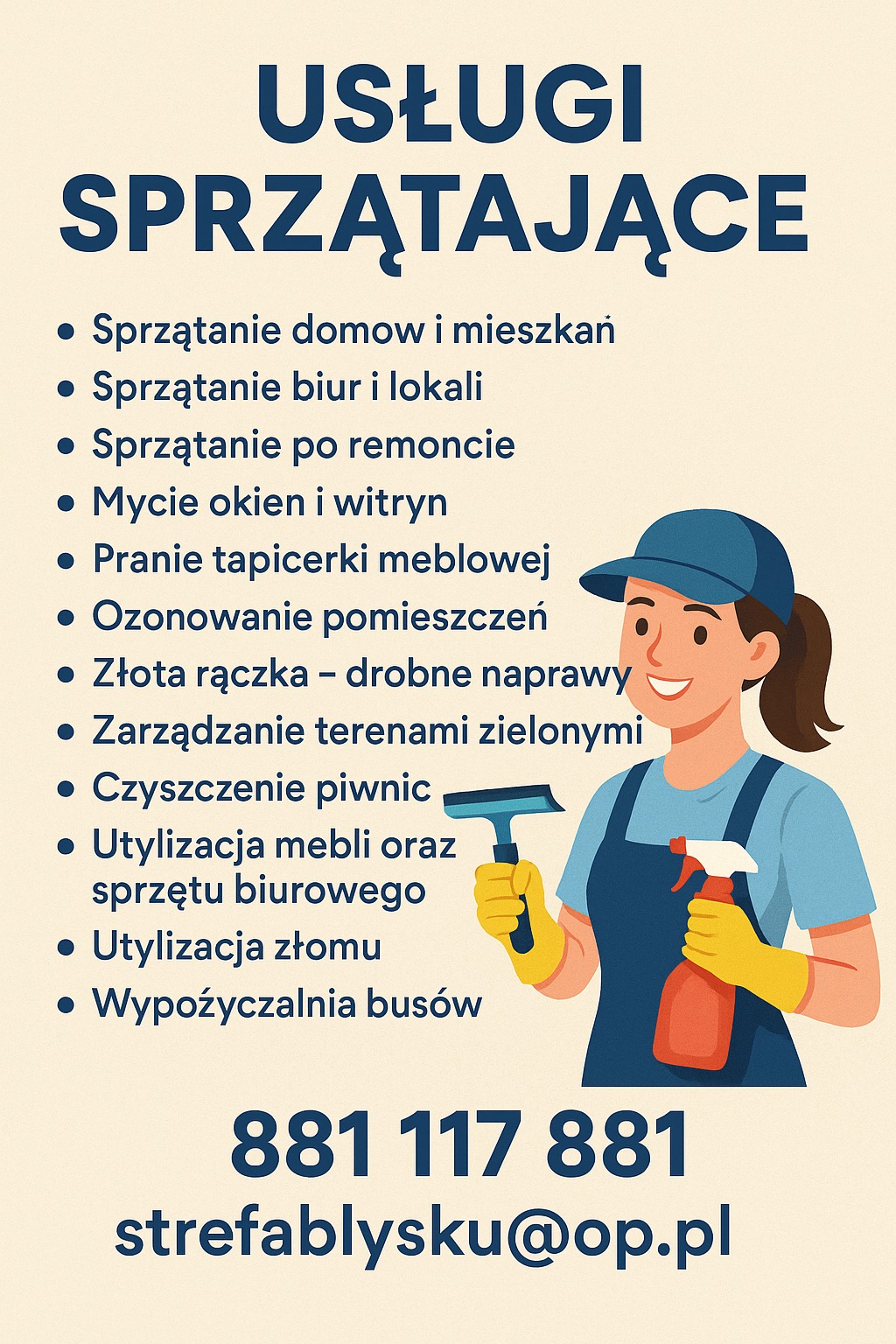 Grafika reklamowa usług sprzątających: sprzątanie domów, biur, po remoncie, mycie okien, pranie tapicerki, ozonowanie, drobne naprawy, czyszczenie piwnic.