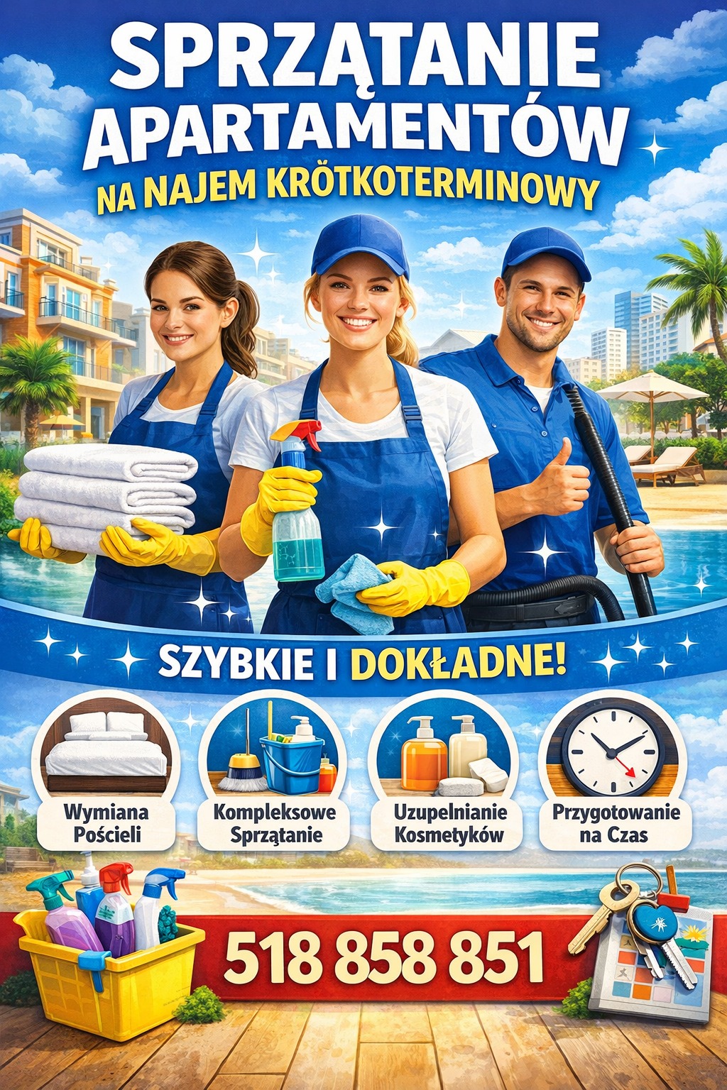 Plakat reklamowy: Sprzątanie apartamentów na wynajem krótkoterminowy. Trzy osoby w strojach sprzątających, hasło 'Szybkie i dokładne!', ikony usług i numer telefonu.