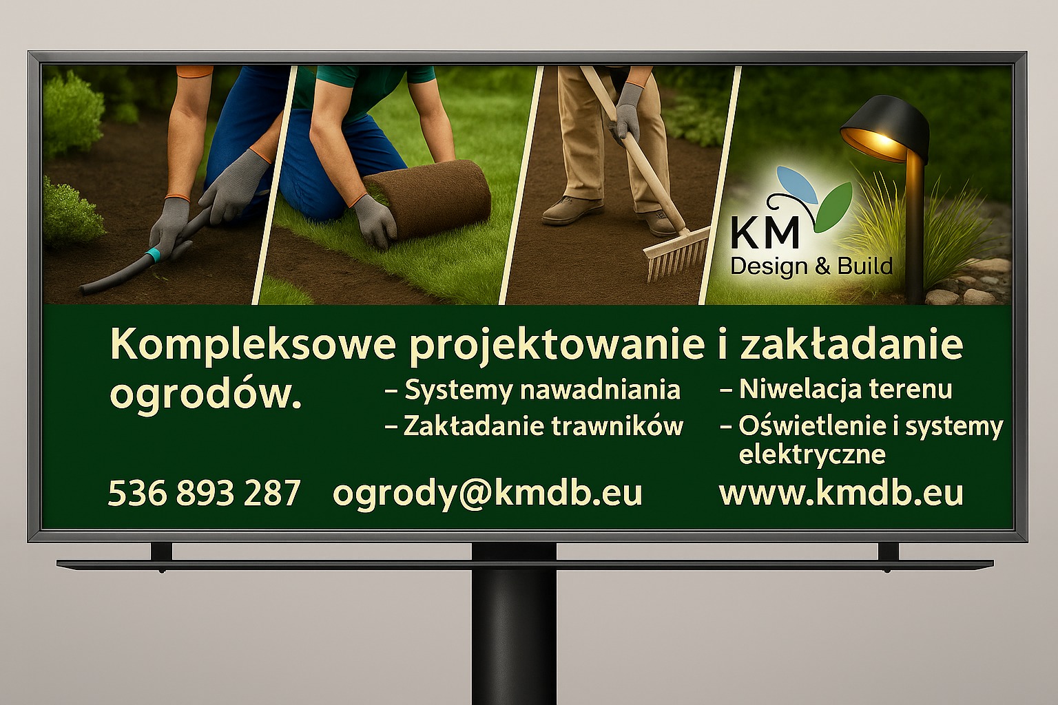 Billboard reklamowy z wizualizacją zakładania trawnika z rolki, systemów nawadniania i oświetlenia ogrodu. Widoczny numer telefonu i adres email.