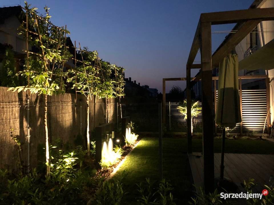 Oświetlony ogród nocą: drzewa z podświetleniem, drewniana pergola, trawnik. Klimatyczne światło podkreśla detale i tworzy nastrojową atmosferę.