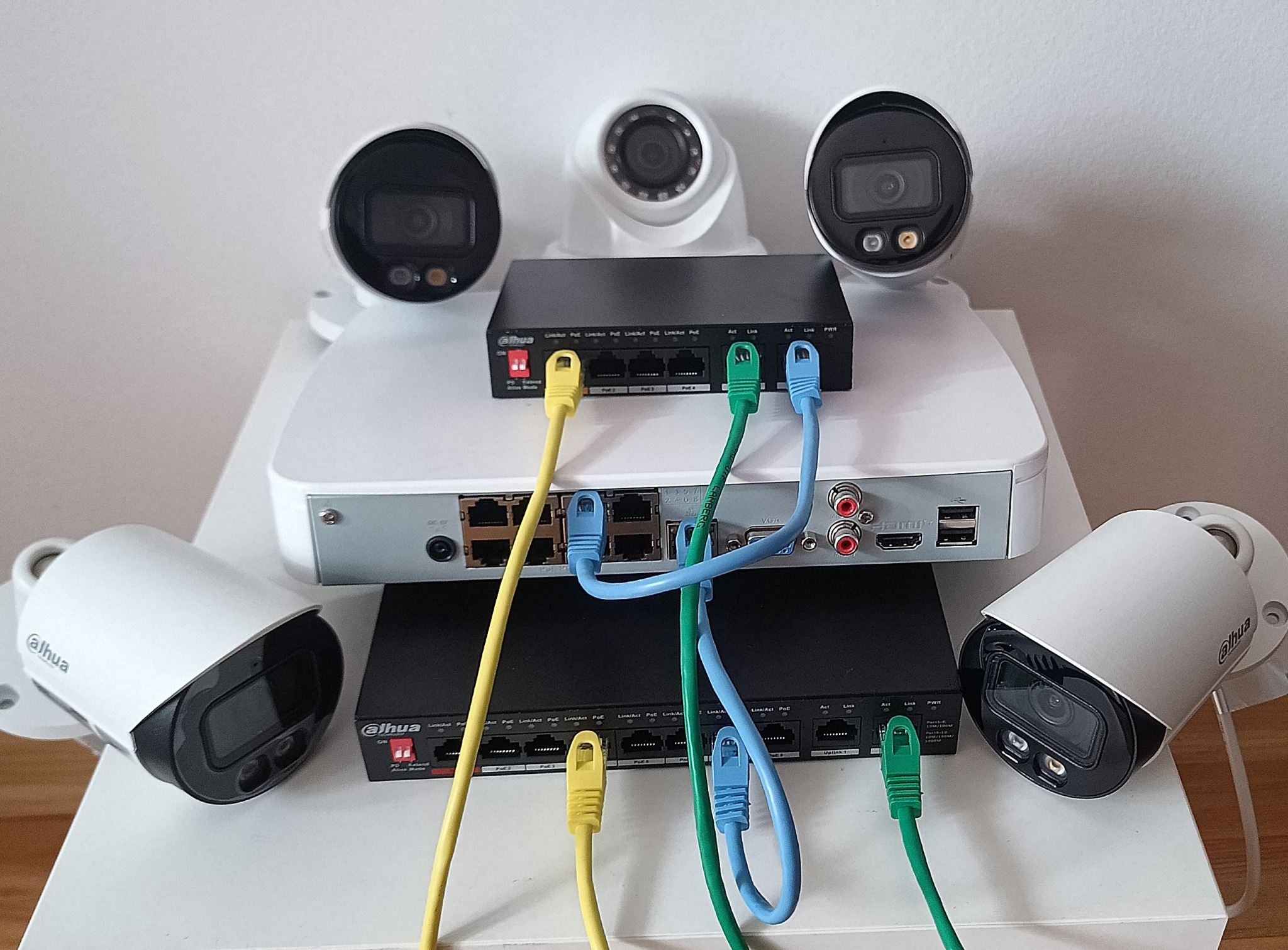Zestaw kamer IP Dahua z podłączonymi kablami Ethernet (żółty, niebieski, zielony) do switcha PoE, na białym tle. Prezentacja sprzętu do monitoringu.