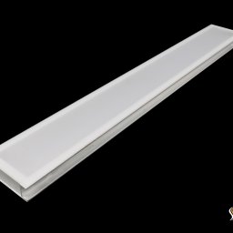 Stecom Lighting Sp. z o.o. - Podłużna lampa LED w aluminiowej obudowie, oświetlona równomiernym, białym światłem, na czarnym tle. Widoczny detal wykończenia i logo producenta.