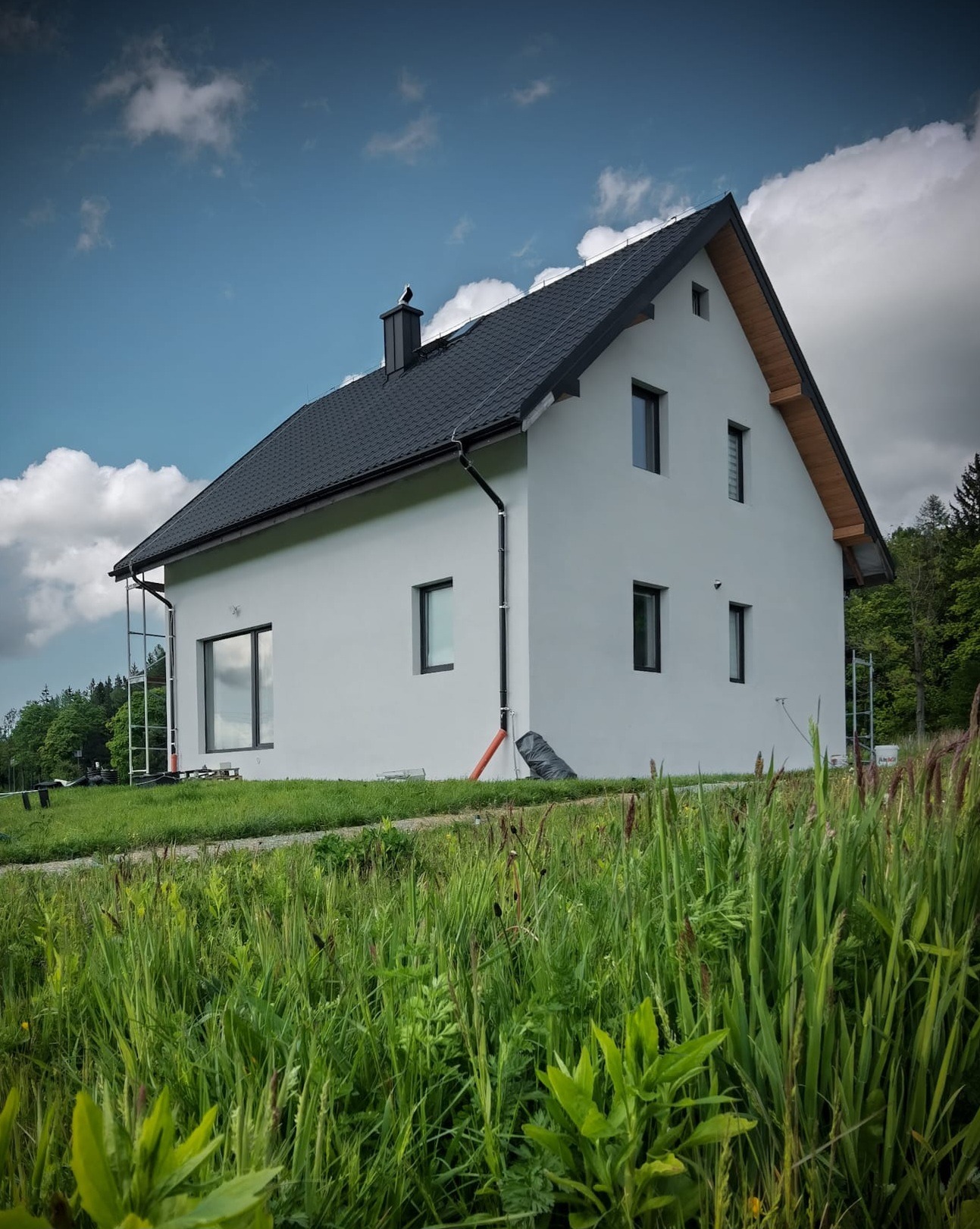 Nowoczesny dom jednorodzinny z czarnym dachem, jasną elewacją i czarnymi ramami okiennymi, otoczony zielenią. Widoczne rusztowania sugerują prace wykończeniowe.