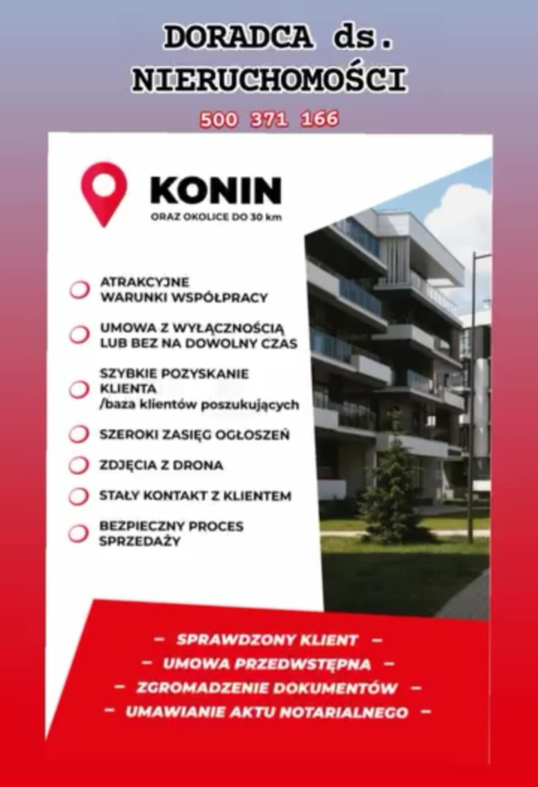 Ogłoszenie doradcy ds. nieruchomości w Koninie. Oferta obejmuje atrakcyjne warunki współpracy, umowy z wyłącznością, szybkie pozyskanie klienta i zdjęcia z drona.