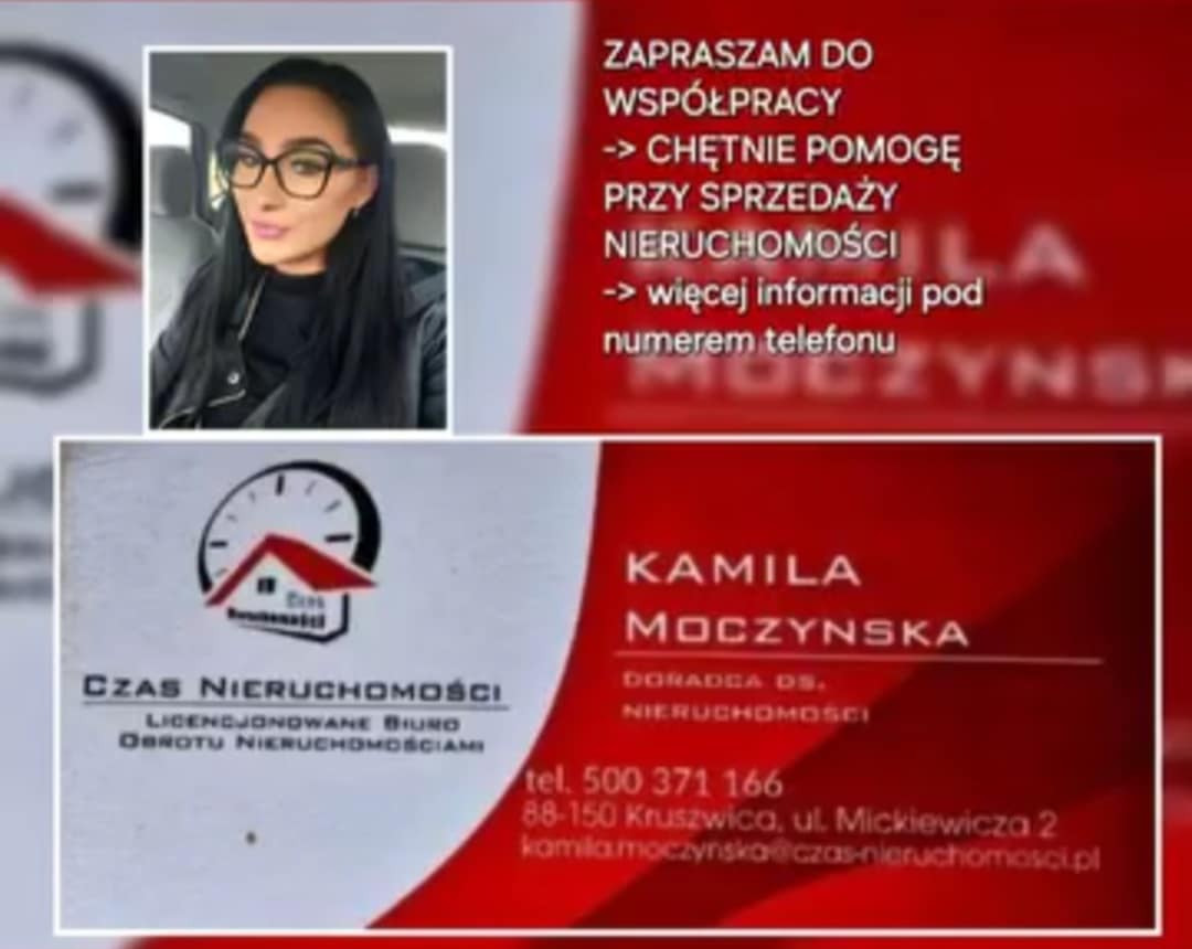 Ogłoszenie sprzedaży nieruchomości: portret kobiety, logo 'Czas Nieruchomości' z zegarem i domem, zaproszenie do współpracy z numerem telefonu.