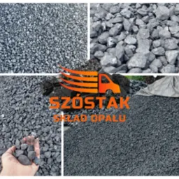 Kompozycja z czterech ujęć węgla: bryły, drobny węgiel, węgiel w dłoni, oraz logo 'SZÓSTAK SKŁAD OPAŁU' z grafiką transportu. Prezentacja asortymentu składu.