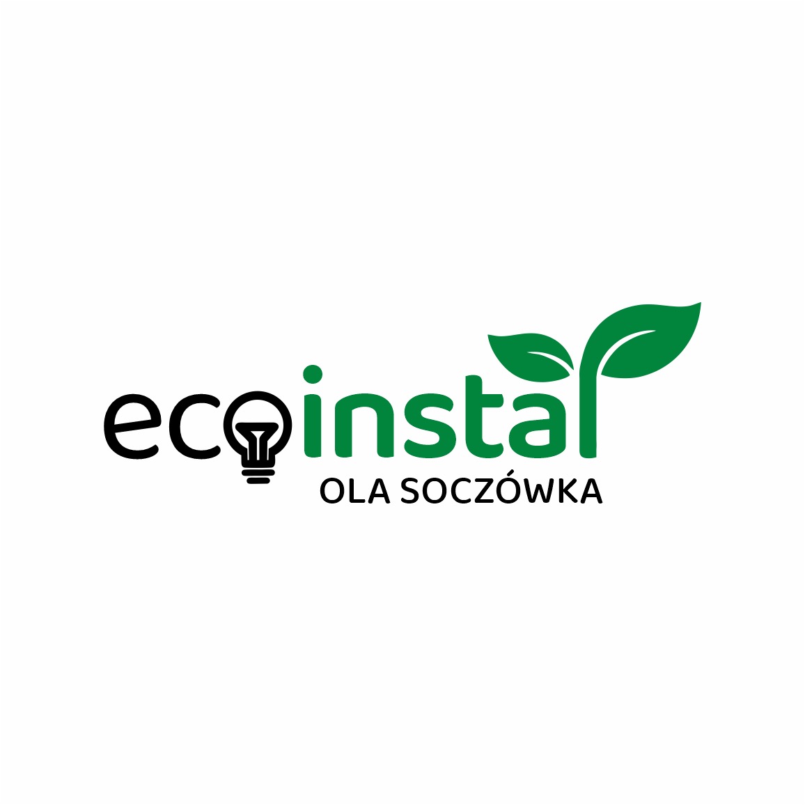 Logo firmy ecoinstal Ola Soczówka. Żarówka wkomponowana w nazwę, zieleń symbolizuje ekologię. Minimalistyczny design na białym tle.