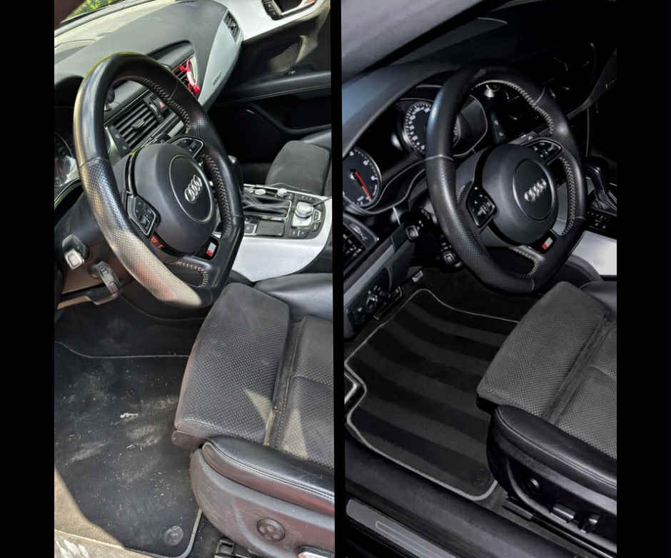 Audi A6: Tapicerka i dywaniki przed i po praniu. Widoczna różnica w czystości i odświeżeniu wnętrza pojazdu.