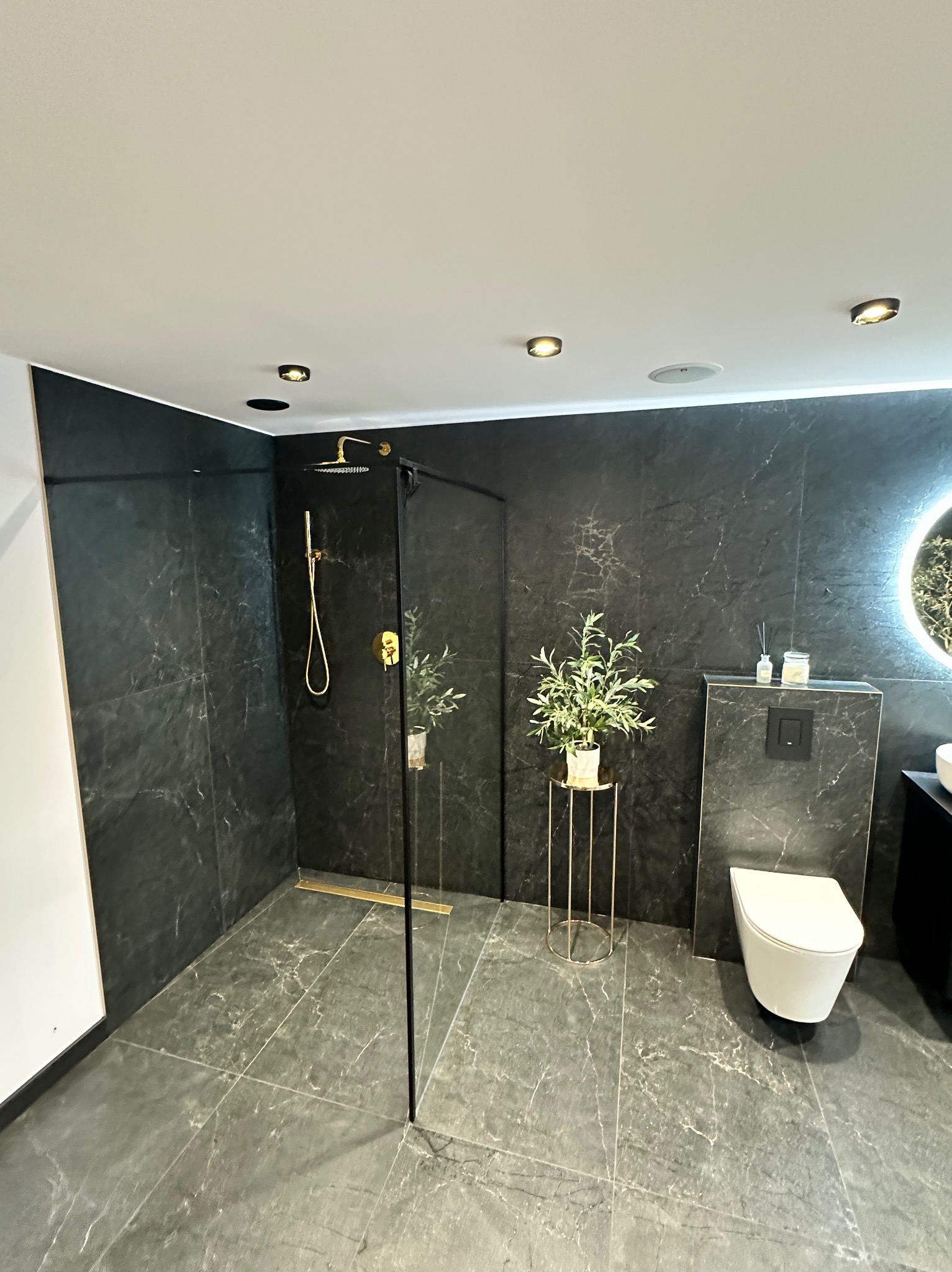 Elegancka łazienka z kabiną prysznicową typu walk-in, czarnymi płytkami imitującymi marmur, złotą armaturą i rośliną w złotej doniczce. Nowoczesne oświetlenie.