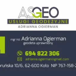 Wizytówka firmy ASGEO, usługi geodezyjne Adrianna Ogierman, Koło. Kontakt: 694 822 306, adres e-mail i NIP. Znak graficzny z zielonym akcentem.