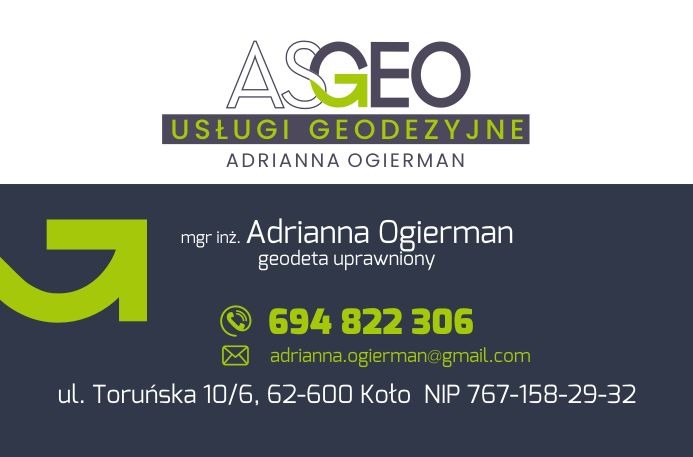 Wizytówka firmy ASGEO, usługi geodezyjne Adrianna Ogierman, Koło. Kontakt: 694 822 306, adres e-mail i NIP. Znak graficzny z zielonym akcentem.