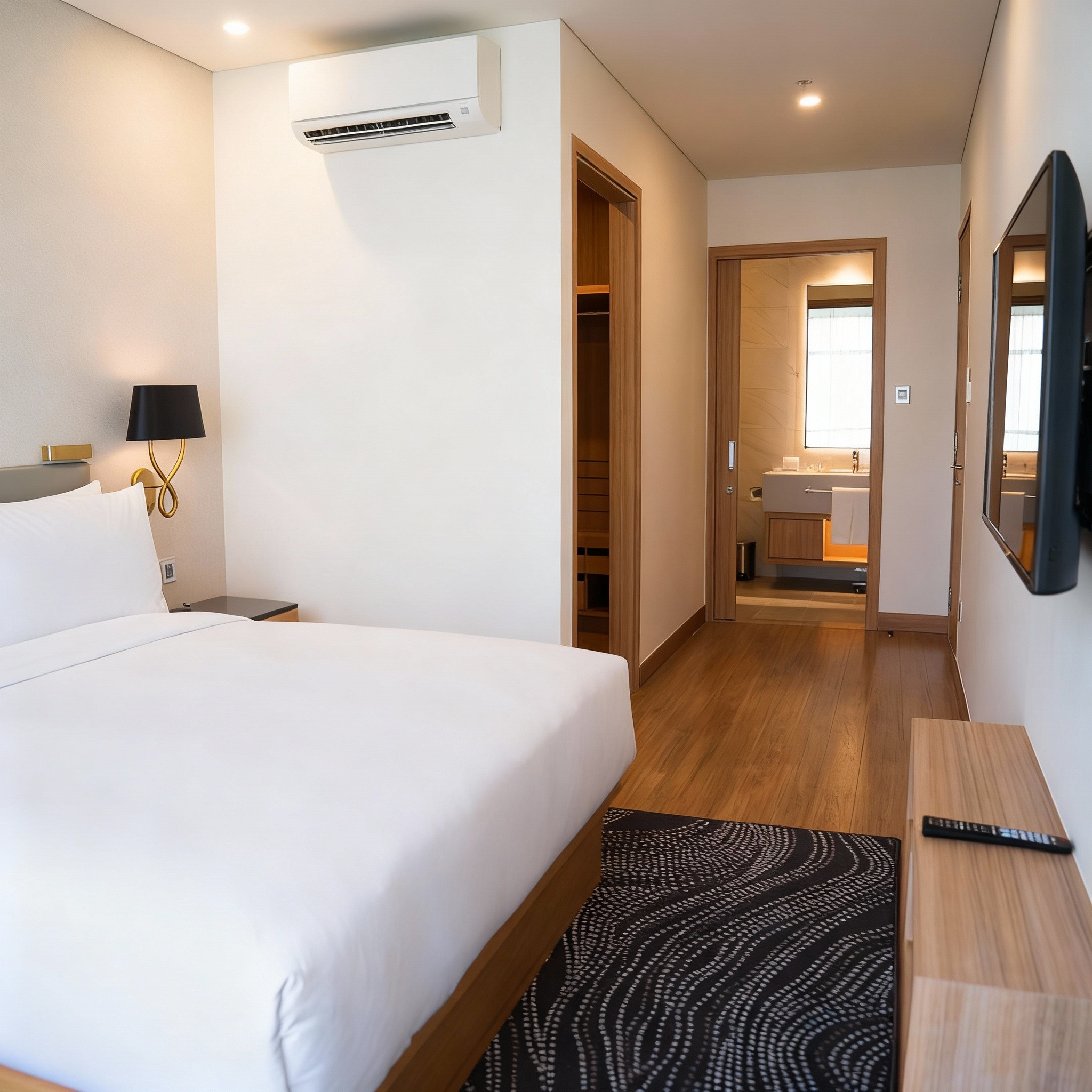 Nowoczesna sypialnia hotelowa z białym łóżkiem, drewnianą podłogą i widokiem na łazienkę. Klimatyzator na ścianie. Czystość i porządek.