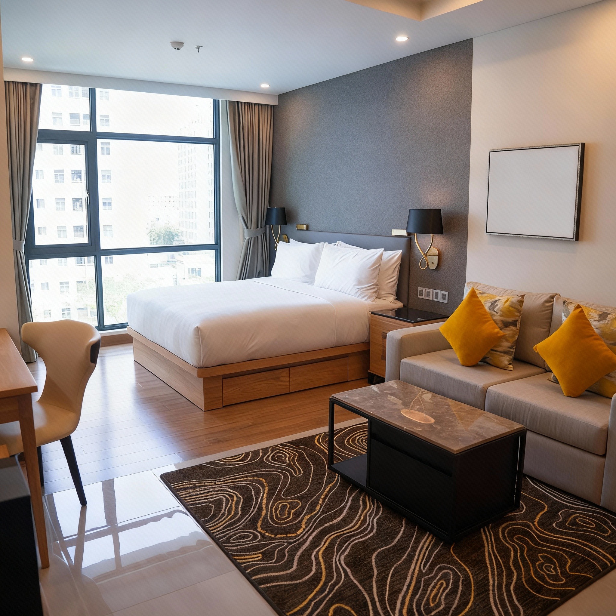 Elegancki pokój hotelowy z dużym oknem, łóżkiem z białymi poduszkami, sofą z żółtymi poduszkami i wzorzystym dywanem. Widok na miasto za oknem.