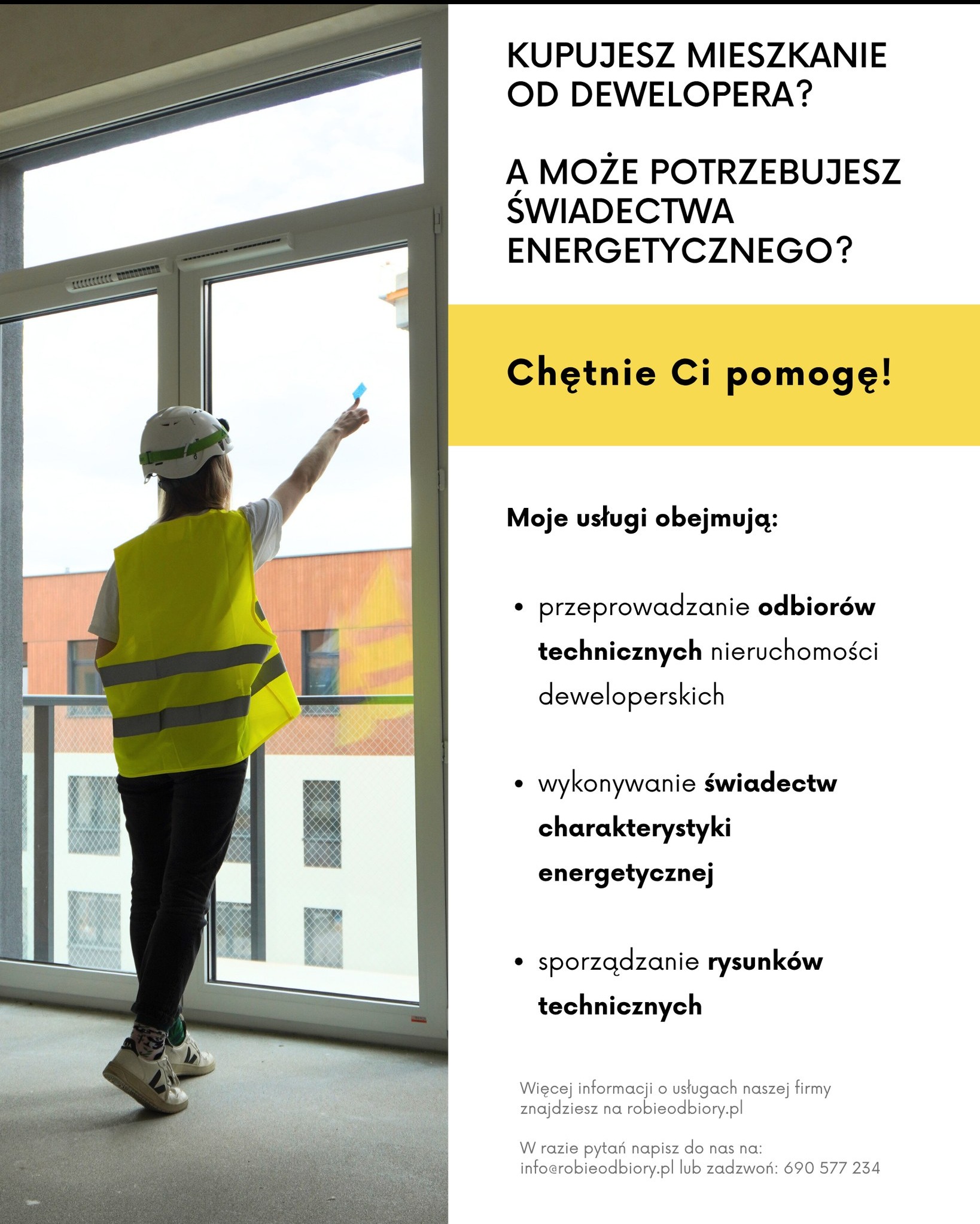 Osoba w kamizelce i kasku sprawdza okno w nowym mieszkaniu podczas odbioru technicznego. W tle tekst o odbiorach i świadectwach energetycznych.