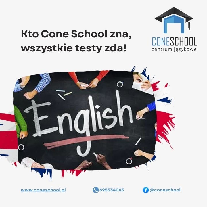 Tablica z napisem 'English' otoczona dłońmi i flagami UK, logo Cone School w prawym górnym rogu. Reklama szkoły językowej.