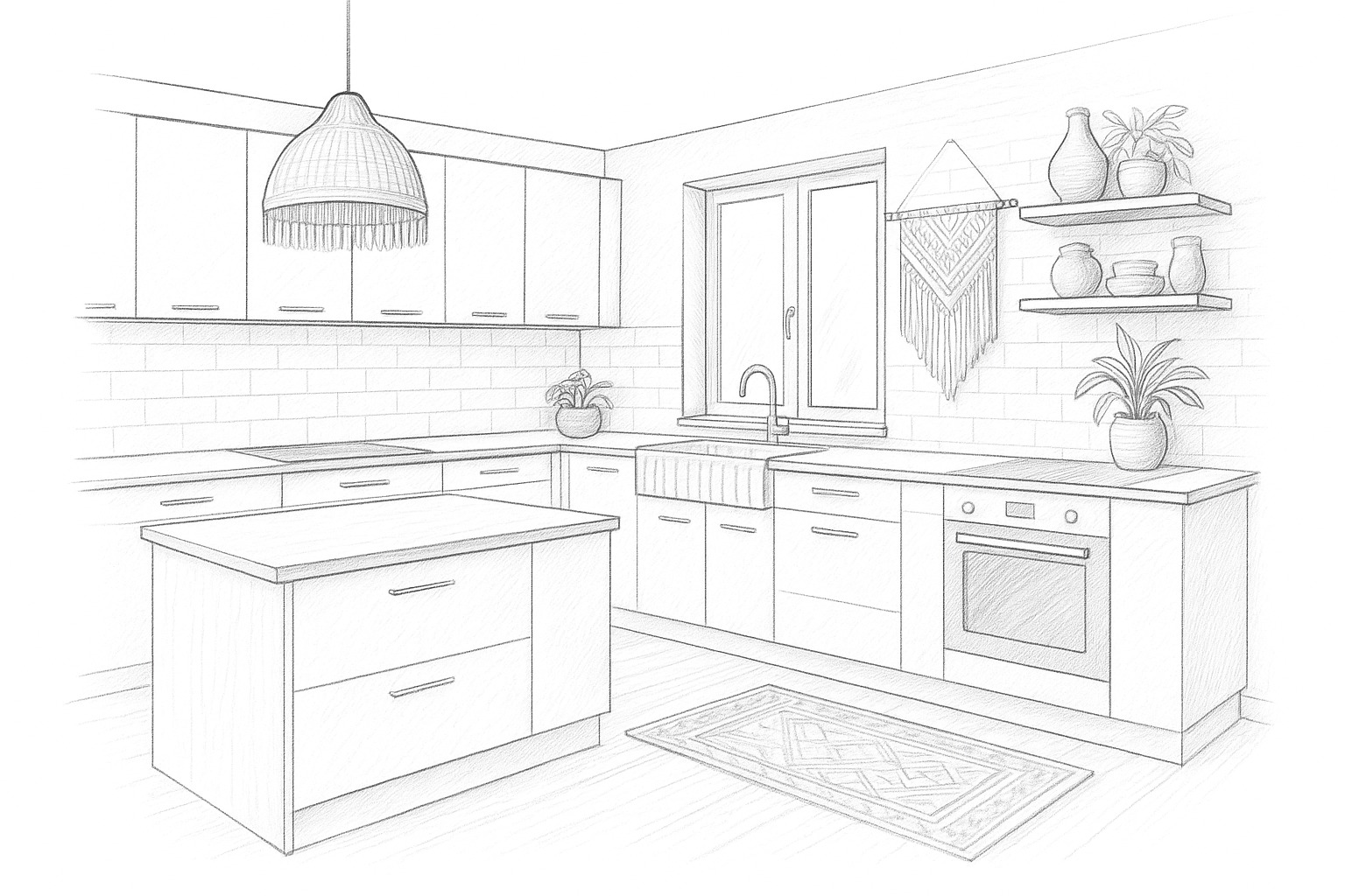 Szkic kuchni z wyspą, białymi szafkami i ceglaną ścianą. Nad zlewem okno, a obok półki z dekoracjami. Na podłodze wzorzysty dywanik.
