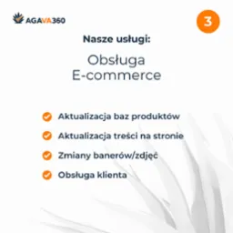 Agava360 - Obsługa E-commerce: Aktualizacja baz produktów, treści, zmiany banerów/zdjęć, obsługa klienta. Grafika z logo firmy i numerem 3 w prawym górnym rogu.