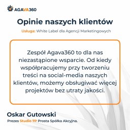 AGAVA360 SPÓŁKA Z OGRANICZONĄ ODPOWIEDZIALNOŚCIĄ - Opinia klienta Agava360: Zespół to niezastąpione wsparcie w tworzeniu treści na social media, pozwalające obsługiwać więcej projektów bez utraty jakości.