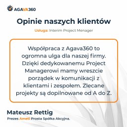 AGAVA360 SPÓŁKA Z OGRANICZONĄ ODPOWIEDZIALNOŚCIĄ - Grafika z opinią klienta o Agava360: 'Współpraca to ulga... mamy porządek w komunikacji...'. W tle delikatny motyw roślinny, logo firmy w lewym górnym rogu.