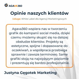AGAVA360 SPÓŁKA Z OGRANICZONĄ ODPOWIEDZIALNOŚCIĄ - Referencja klienta Agava360, podkreślająca wsparcie w tworzeniu grafik do social mediów, estetykę projektów i terminowość współpracy. Sygnatura Justyna Gęgotek Marketing.