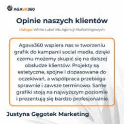 Referencja klienta Agava360, podkreślająca wsparcie w tworzeniu grafik do social mediów, estetykę projektów i terminowość współpracy. Sygnatura Justyna Gęgotek Marketing.