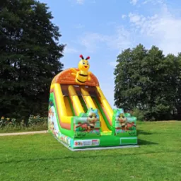 Kolorowy dmuchany zamek ze zjeżdżalnią, ozdobiony motywem pszczółki, na zielonej trawie w plenerze. Błękitne niebo w tle.