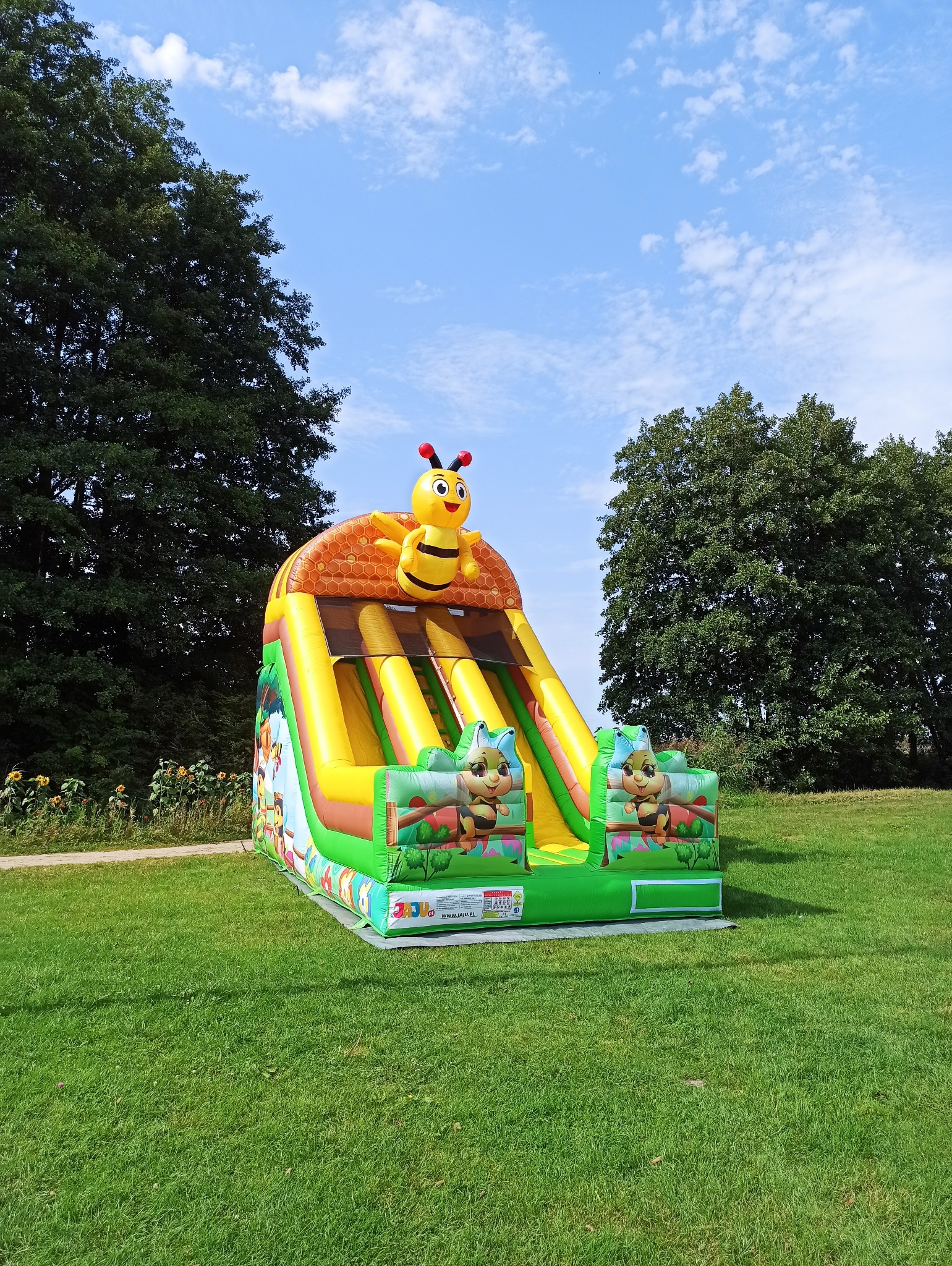 Kolorowy dmuchany zamek ze zjeżdżalnią, ozdobiony motywem pszczółki, na zielonej trawie w plenerze. Błękitne niebo w tle.