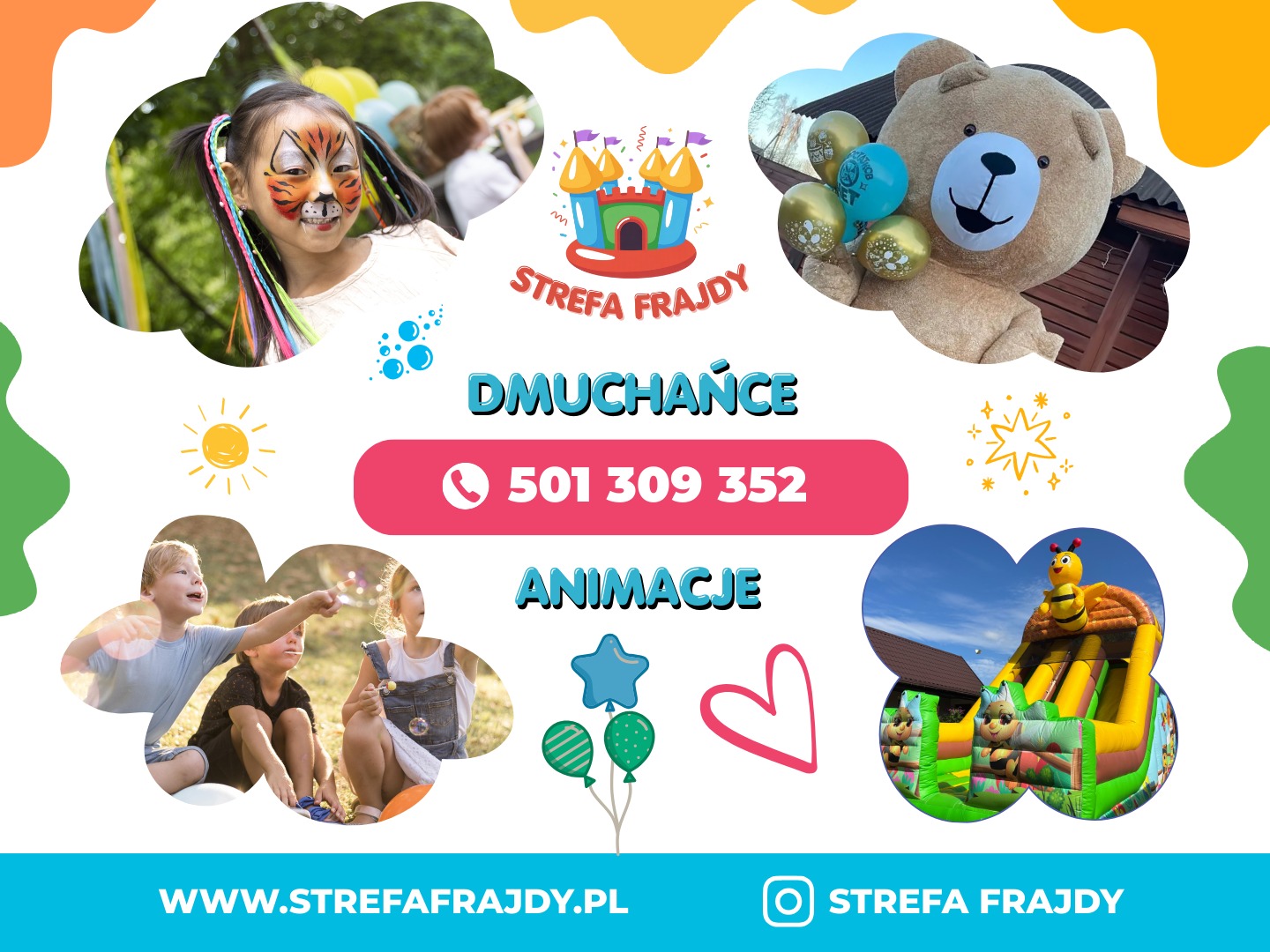 Kolorowy kolaż z dmuchańcami, animacjami dla dzieci i pluszowym misiem z balonami. Reklama firmy oferującej atrakcje dla dzieci.