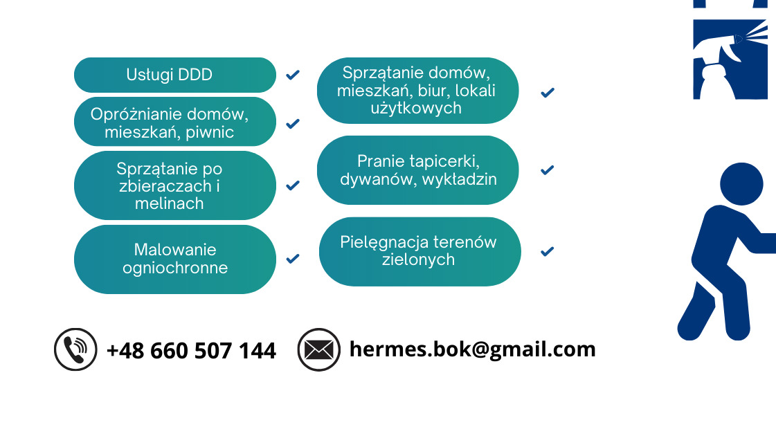 Grafika z ofertą usług: DDD, sprzątanie (domów, po zbieraczach), opróżnianie, malowanie, pranie tapicerki, pielęgnacja zieleni. Kontakt: +48 660 507 144, hermes.bok@gmail.com.
