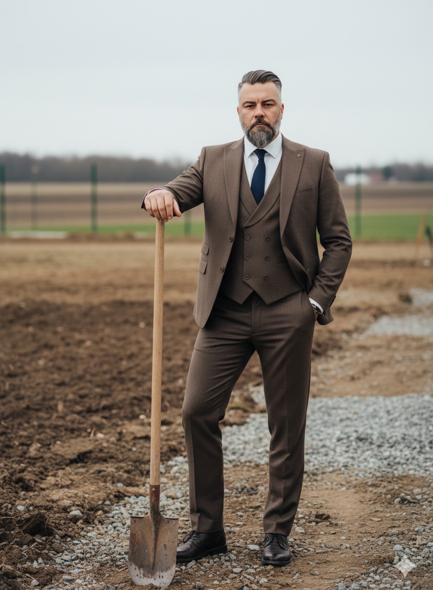 Mężczyzna w brązowym garniturze opiera się na łopacie na tle przygotowanego terenu pod budowę. Widoczny krajobraz i pochmurne niebo.