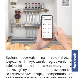 Piotr Mogilski - Ilustracja systemu sterowania ogrzewaniem podłogowym WiFi z aplikacją na smartfonie, widoczne elementy instalacji i czujnik temperatury.