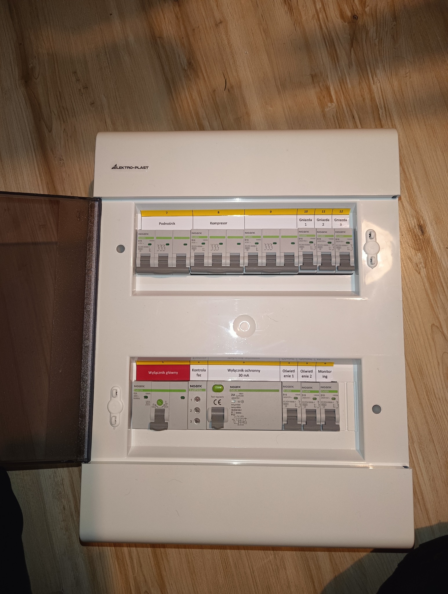 Rozdzielnica elektryczna Noark z wyłącznikami, opisana i gotowa do pracy, widoczna na drewnianym tle. Otwarta obudowa z widocznymi bezpiecznikami.