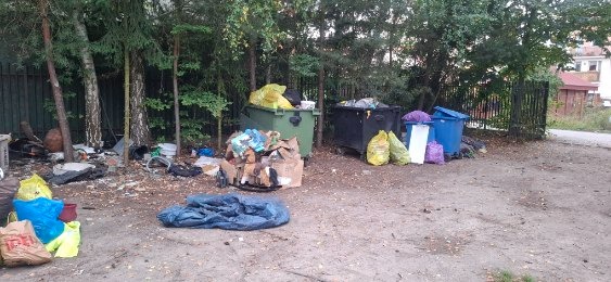 Zanieczyszczony teren z kontenerami na śmieci, workami i stertą odpadów przy zieleni. Widok na zaniedbane otoczenie z fragmentem zabudowań w tle.